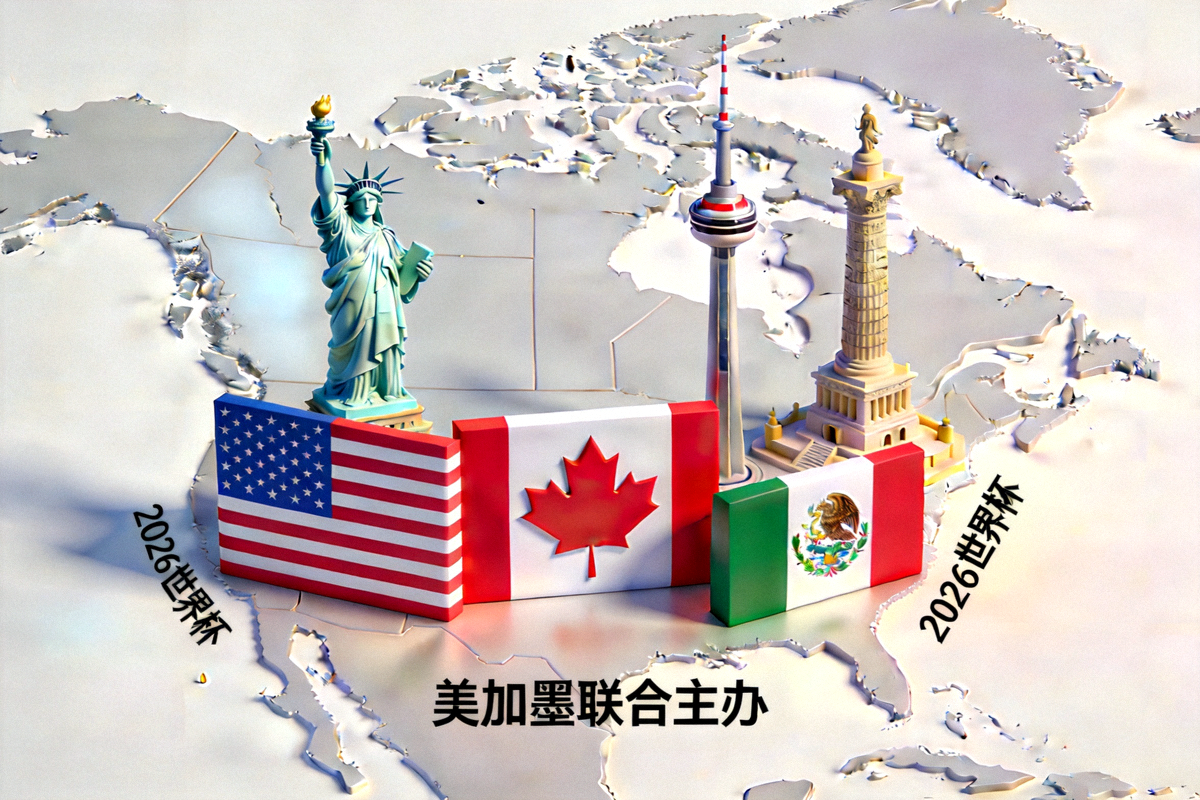 2026世界杯美加墨三国联合主办地图与标志性建筑合成图